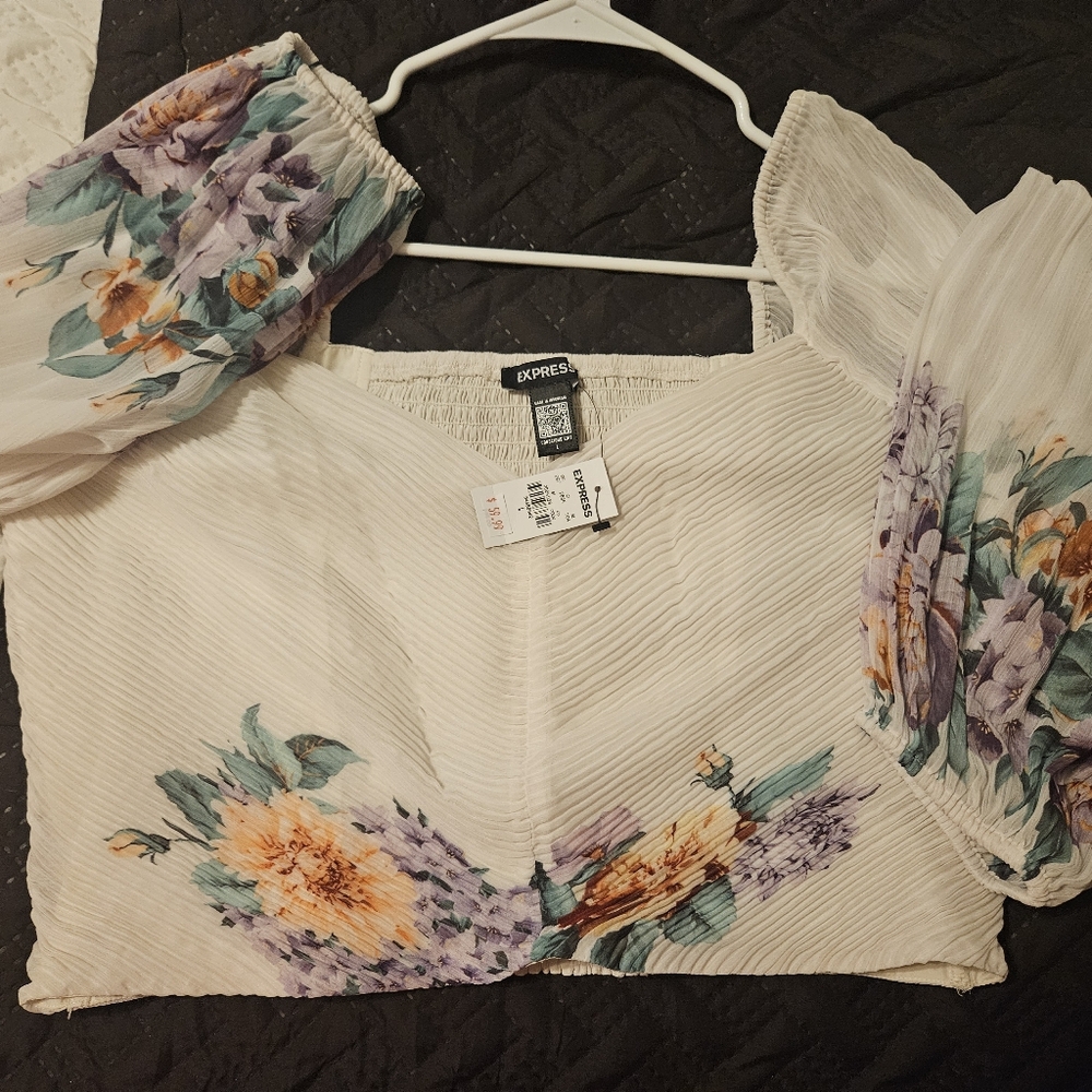 Express Floral Puff Sleeve Blouse - Cream and Purple